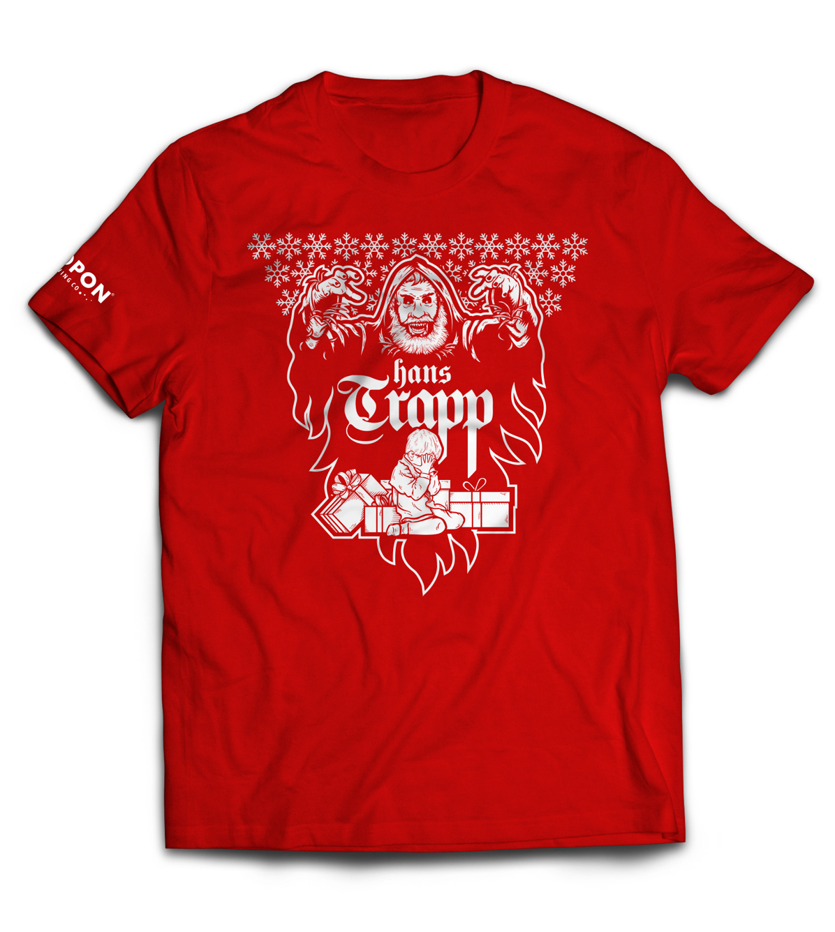 Hans Trapp white on red holiday shirt design front