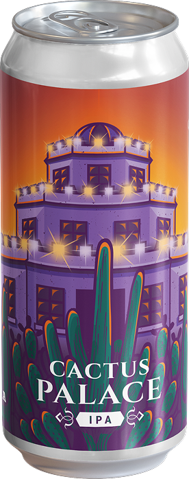 Beer can with an illustrative label