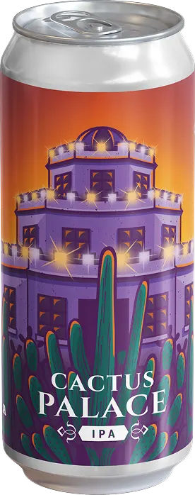 Beer can with an illustrative label